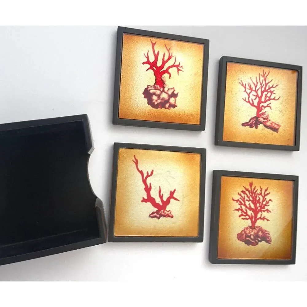 Red Coral Art Marble Drink Coasters With Matching Wooden Holder Set Of 4 Vintage